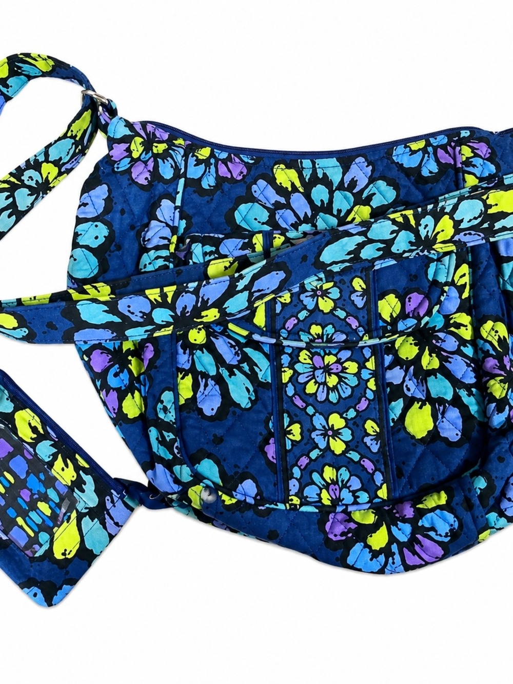 Vera Bradley Indigo Pop, Retired Quilted Hobo Lime/ Purple Accents With Card Key
